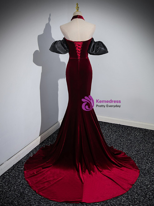 Charming Mermaid One Shoulder Red Velvet Slit Prom Dresses with Beading main image 0