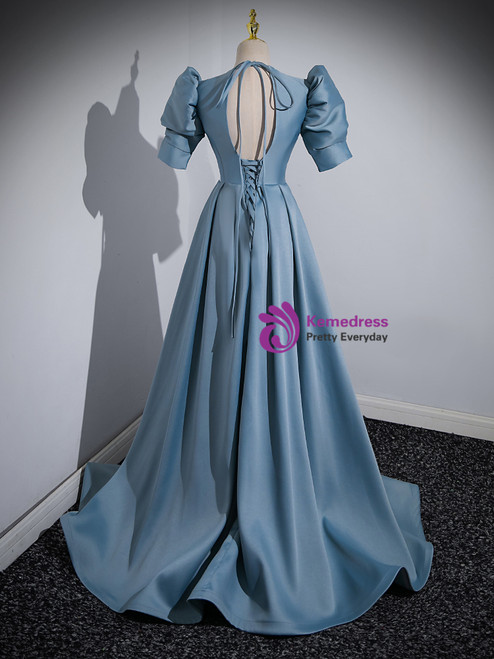 Halter Neck Satin Sleeveless Graceful Prom Dress With Slit Ink Blue main image 1