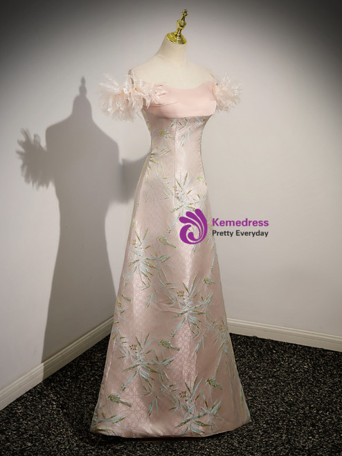 A Line Satin Pink Off the Shoulder Floral Prom Dresses LBQ1127 main image 1