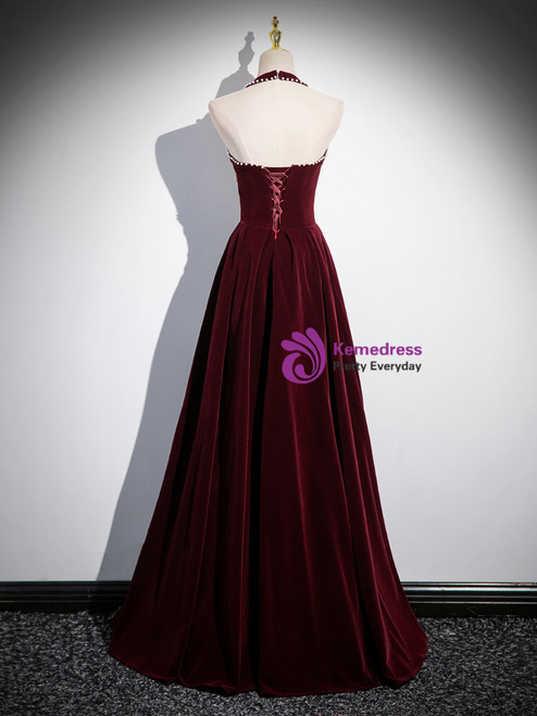 VELVET HALTER NECK IN BURGUNDY