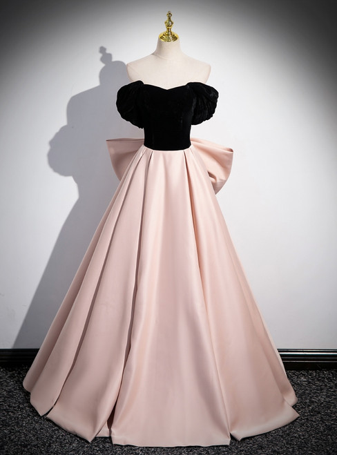 Pink Satin Black Velvet Off the Shoulder Bow Prom Dress