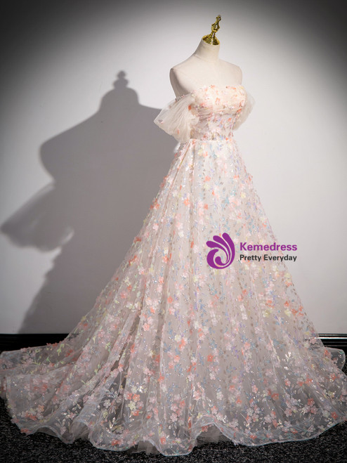 Cute Ball Gown Off the Shoulder Champagne Tiered Tulle Prom Dress with Appliques