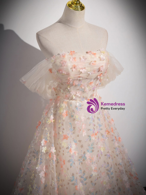 Chic A Line Prom Dress with Off The Shoulder Halter and Tulle Appliques in Champagne main image 0