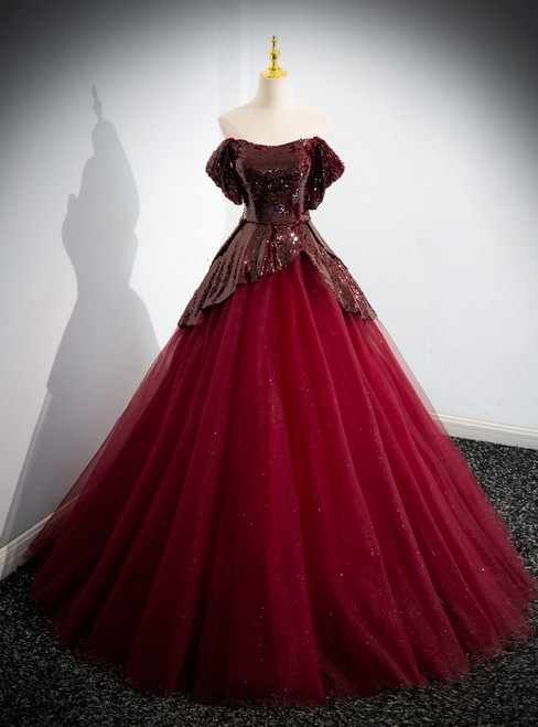 Sexy Burgundy Tulle Sequins Strapless Prom Dress