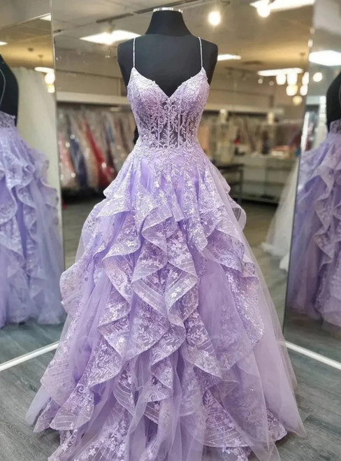 Lilac lace prom dress with spaghetti straps and tiered tulle skirt - front view