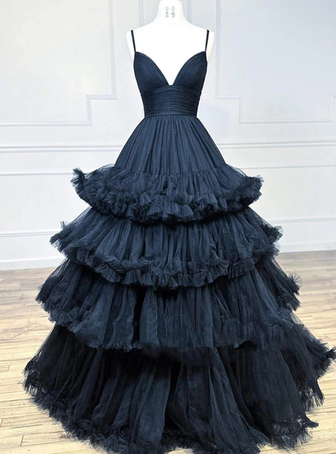 Black Spaghetti Straps Pleats Prom Dress