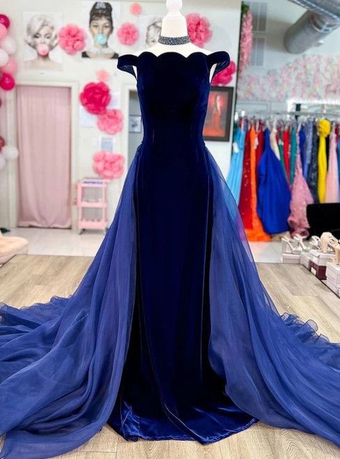 Navy Blue Velvet Tulle Off the Shoulder Prom Dress