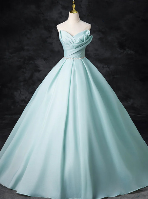 Blue Tulle Strapless Pleats Beading Prom Dress