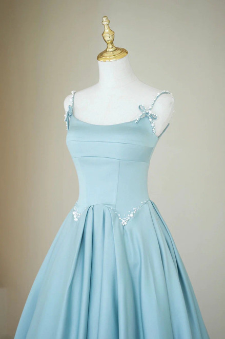 Light Blue Cut Out Spaghetti Straps Satin Long Prom Dress main image 0