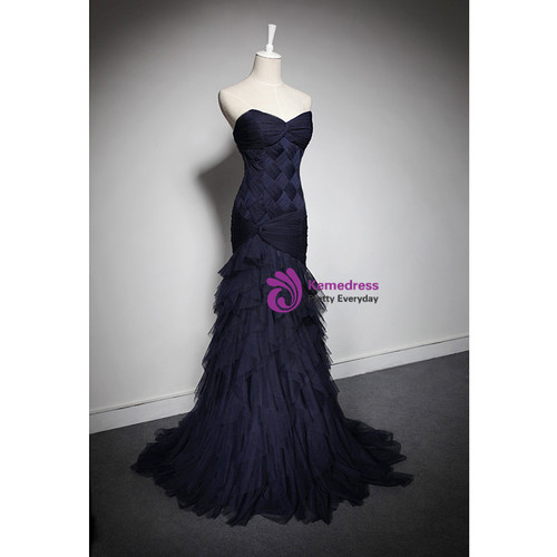 Vintage Mermaid Navy Blue Pleated Floor Length Party Dress Prom Dress cc3004