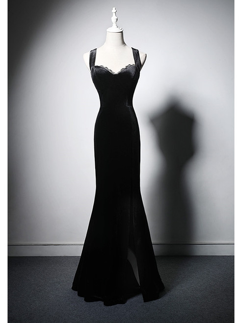 Black velvet mermaid prom dress front view