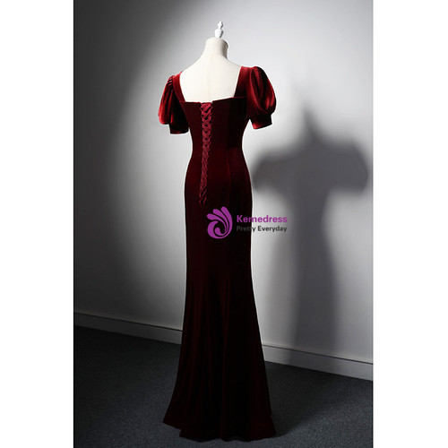 Burgundy Mermaid Velvet Puff Sleeve Bow Prom Dress Elegant Evening Dress Y7674