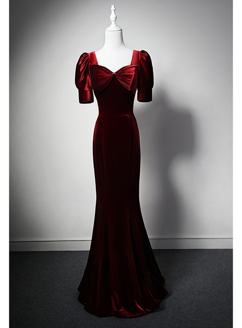 Burgundy Mermaid Velvet Short Sleeve Bow Prom Dress