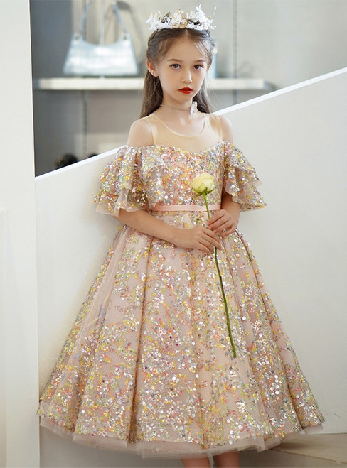 In Stock:Ship in 48 Hours Gold Sequins Flower Girl Dress