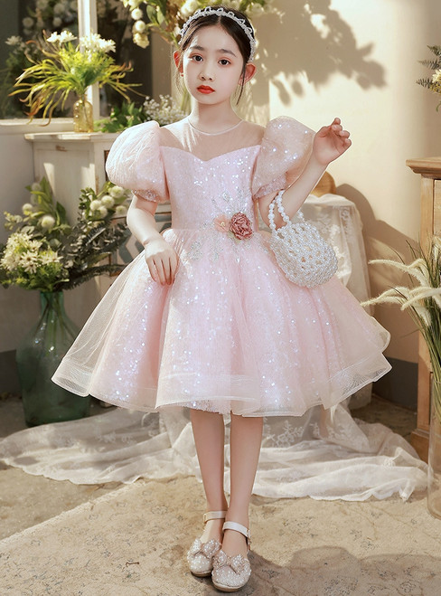 In Stock:Ship in 48 Hours Pink Sequins Flower Girl Dress