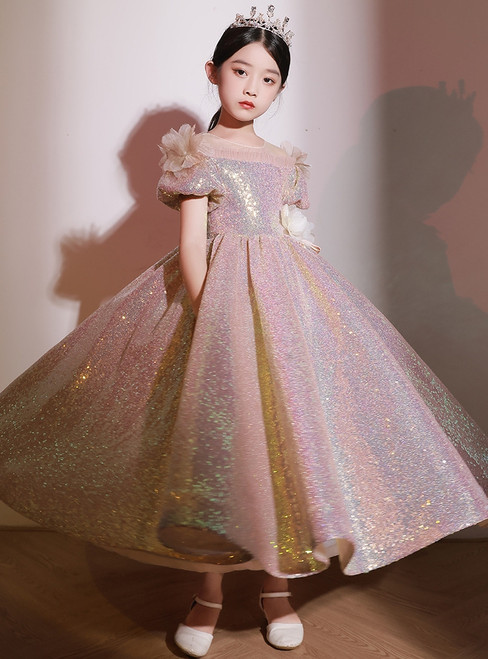 In Stock:Ship in 48 Hours Pink Sequins Puff Sleeve Flower Girl Dress