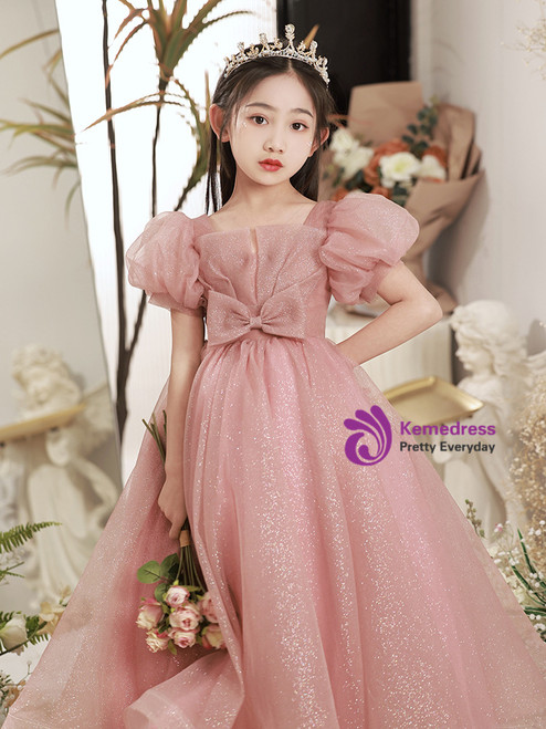Girls Pink Floral Tulle Overlay Fit & Flare Dress With Puff Sleeves