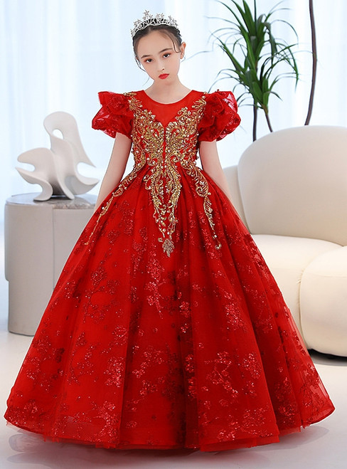 In Stock:Ship in 48 hours Red Tulle Sequins Puff Sleeve Flower Girl Dress