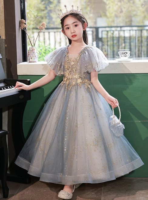 In Stock:Ship in 48 Hours Light Blue Tulle Sequins Flower Girl Dress