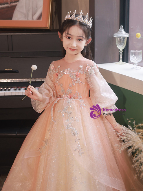 Burgundy Jewel Long Sleeve Flower Girl Dress with Sequins Appliques