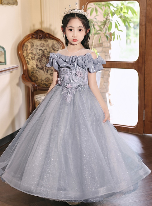 In Stock:Ship in 48 hours Gray Tulle Appliques Flower Girl Dress