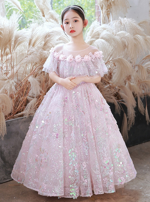 In Stock:Ship in 48 Hours Princess Pink Sequins Flower Girl Dress
