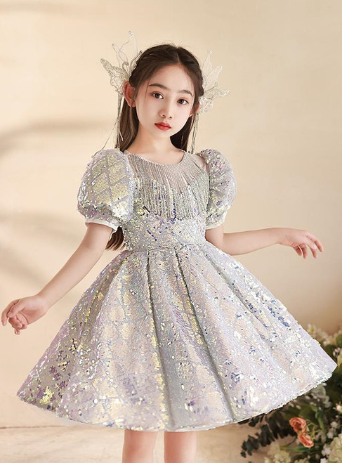 In Stock:Ship in 48 hours Silver Sequins Short Sleeve Flower Girl Dress