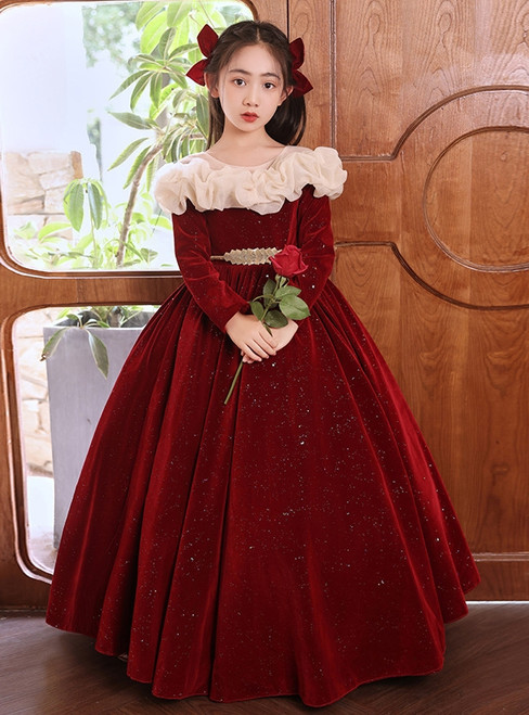 In Stock:Ship in 48 hours Burgundy Velvet Flower Girl Dress