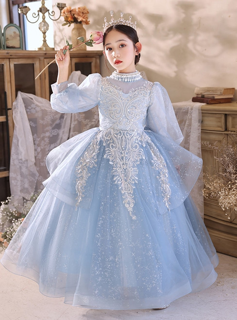 In Stock:Ship in 48 Hours Blue Long Sleeve Flower Girl Dress