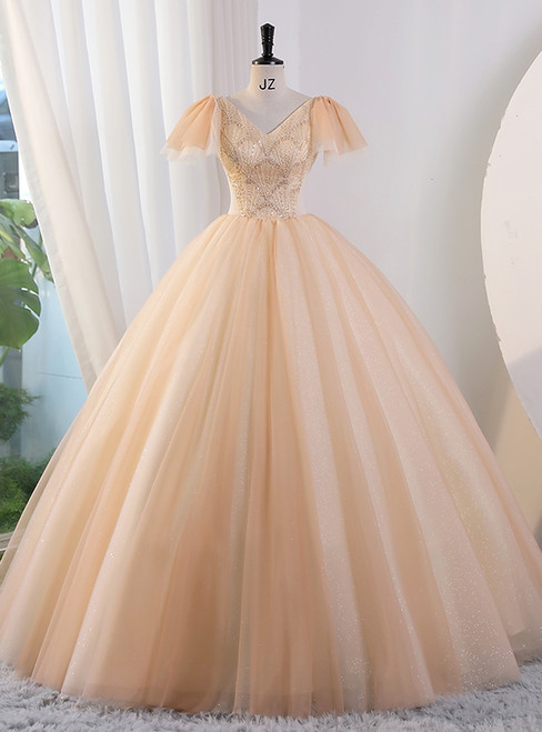 Champagne Tulle Sequins Beading Quinceanera Dress