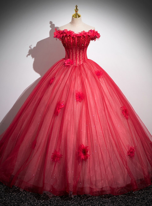 Rose Red Ball Gown Tulle Beading Quinceanera Dress