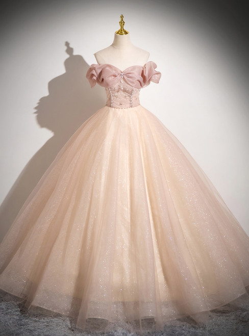Pink Ball Gown Tulle Off the Shoulder Quinceanera Dress
