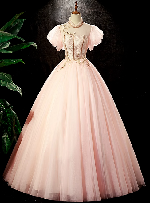 Pink Tulle Lace Puff Sleeve Quinceanera Dress