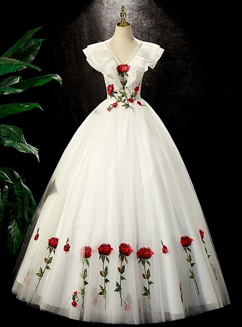 White Tulle V-neck Rose Flower Quinceanera Dress