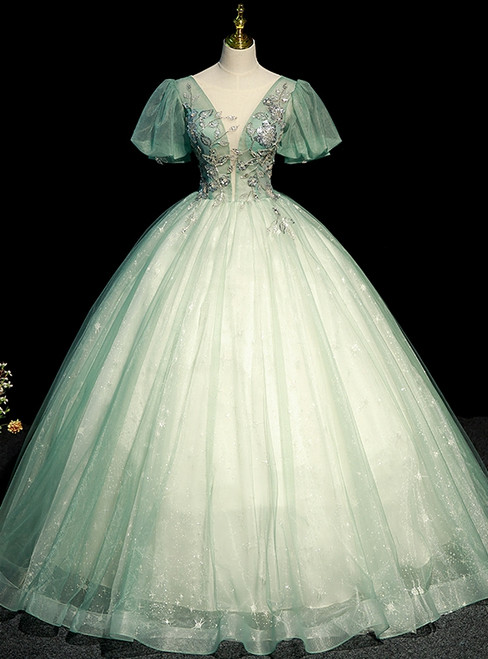 Green Tulle Puff Sleeve Sequins Beading Quinceanera Dress