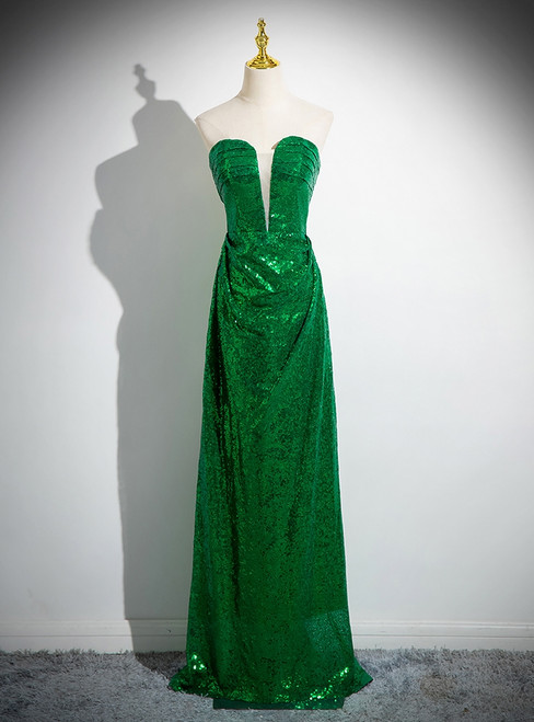 Green Sequins Strapless Pleats Prom Dress