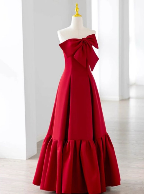 A-Line Burgundy Straples Bow Prom Dress