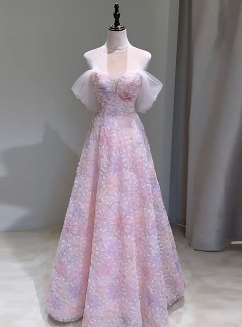 Pink Tulle Of the Shoulder Flower Prom Dress