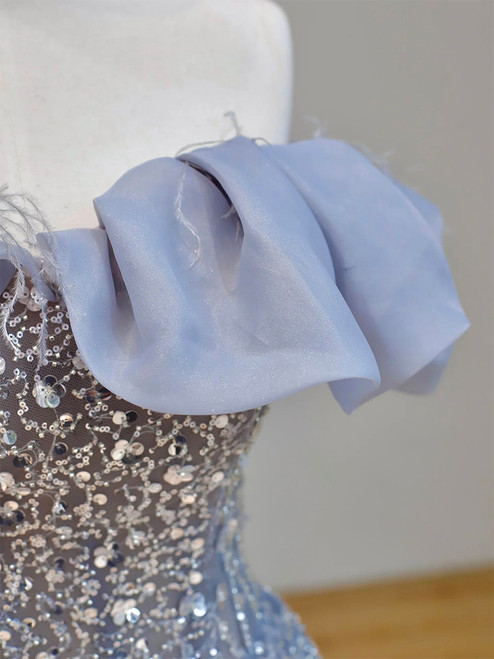 Chic A-Line Blue Prom Dress Tulle Sequins Sleeveless Evening Dress DP05075