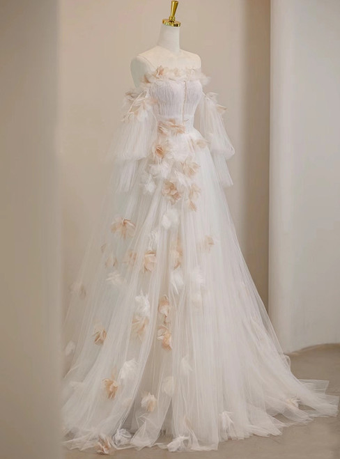 Off the shoulder white tulle prom dress with floral appliqués and long sleeves