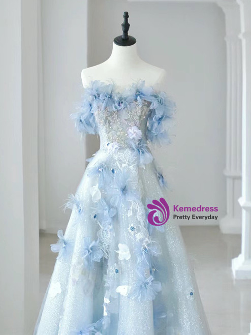 Blue Tulle Flowers Off The Shoulder A Line Prom Dress