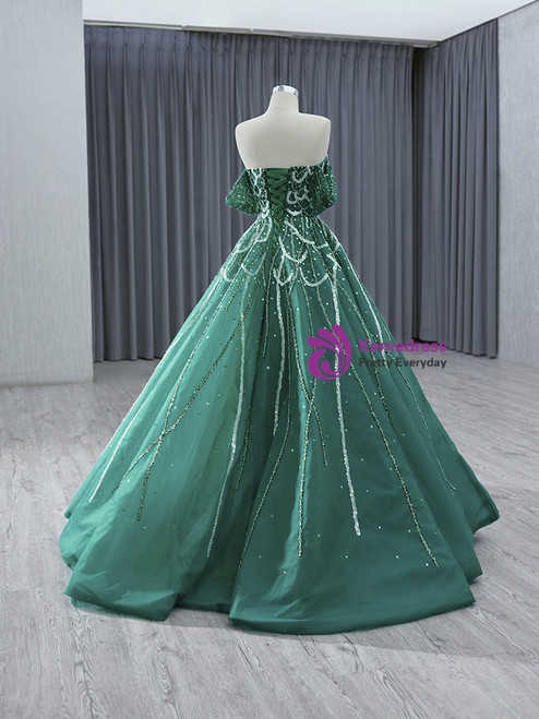 A-Line Off Shoulder Sequins Sheer Corset Tulle Dress Olive Green main image 1