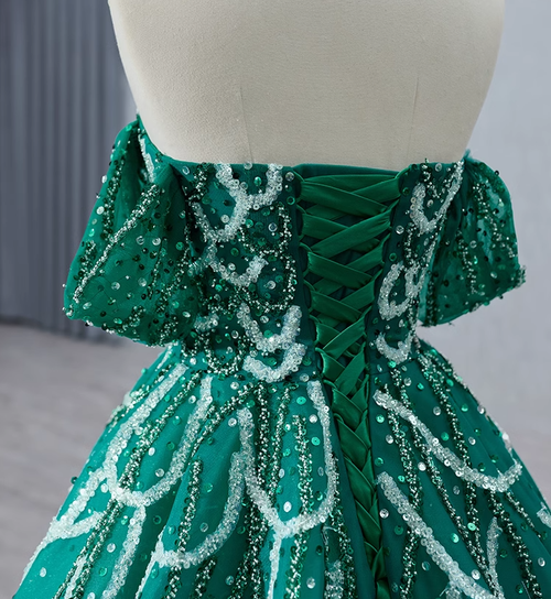 Green Tulle Prom Dresses Corset Evening Gowns Off Shoulder Beaded
