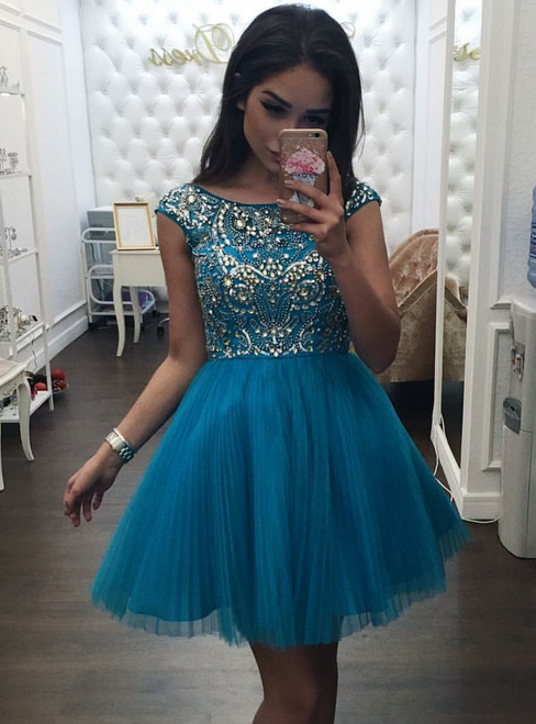 Beading Bodice Tulle Homecoming Dress ,Backless Short Prom Gown