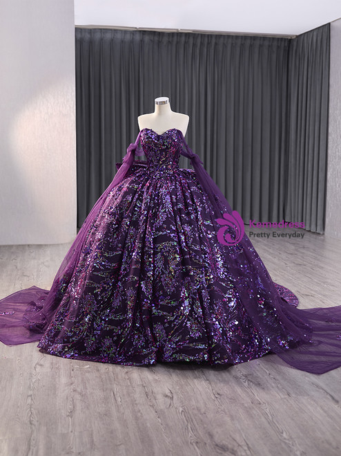 Vintage Print Ruffles Evening Dress Purple Straps Prom Dress Y7876