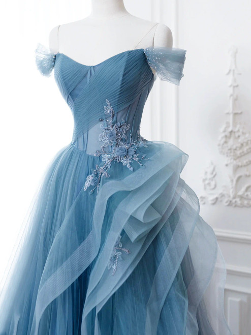 Blue Tulle Off the Shoulder Appliques Tiers Formal Prom Dress main image 0