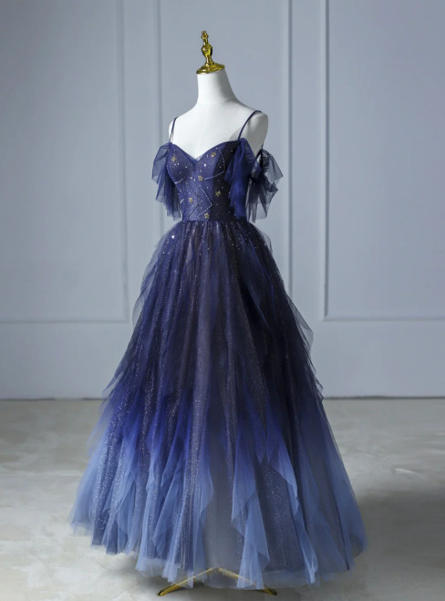 Blue gradient tulle prom dress with spaghetti straps and beading - front view