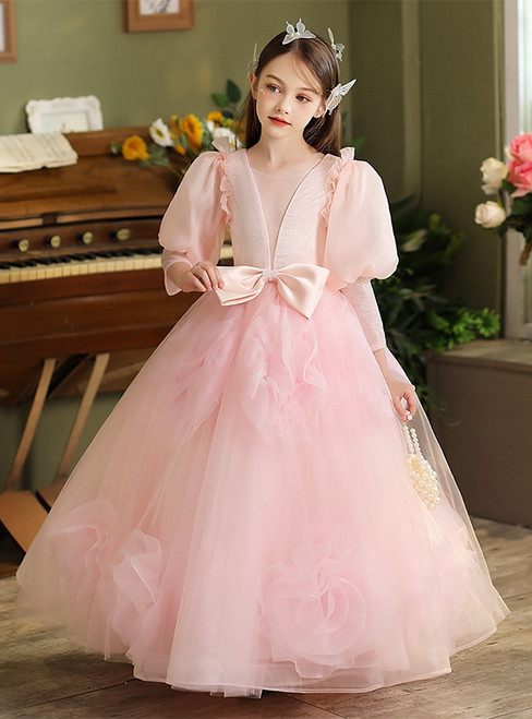 Pink Tulle Long Sleeve Bow Flower Girl Dress