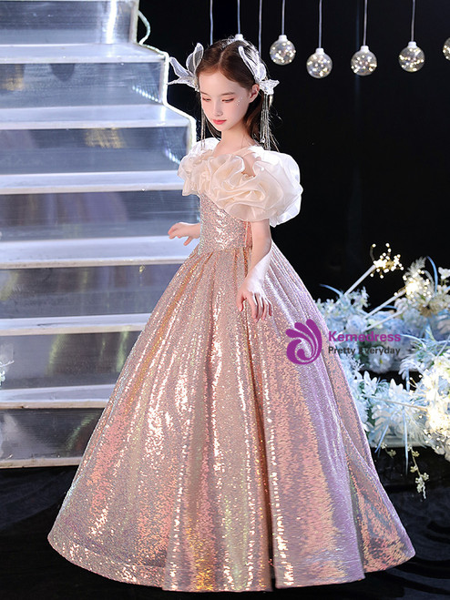 Sequined Long Sleeve Dress Girls Pink Birthday Dress Flower Girl Princess Dress