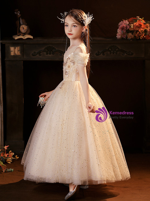 Sheer Neck Polka Dot Tulle Flower Girl Dress, Champagne Sash